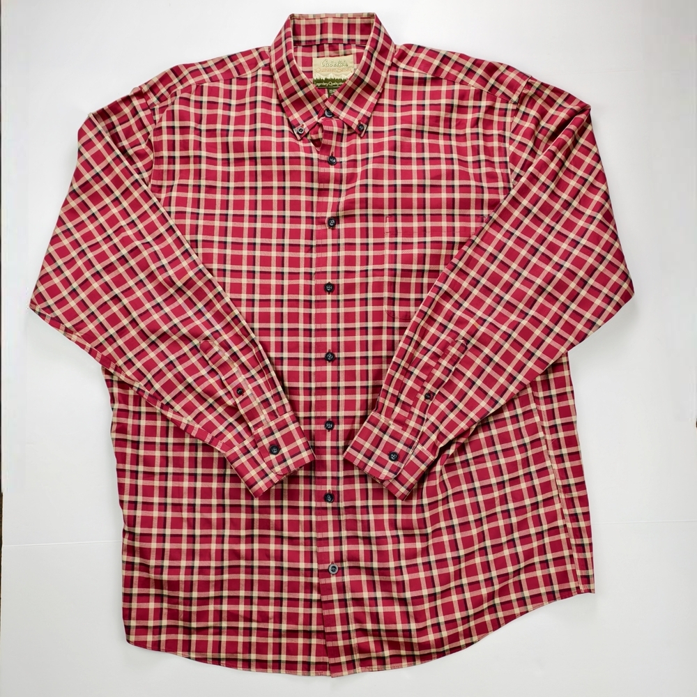 Cabela’s Red Plaid Cotton Button-Up Shirt Classic Outdoor Check Flannel Mens XL
